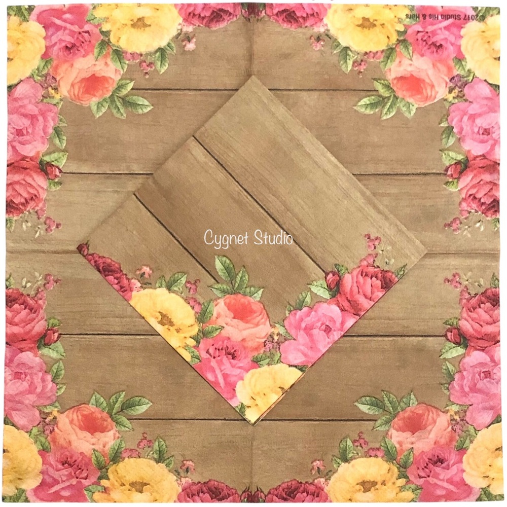 Two (2) Floral Wood-Print Decoupage Cocktail Paper Napkins - Pink & Yellow Roses